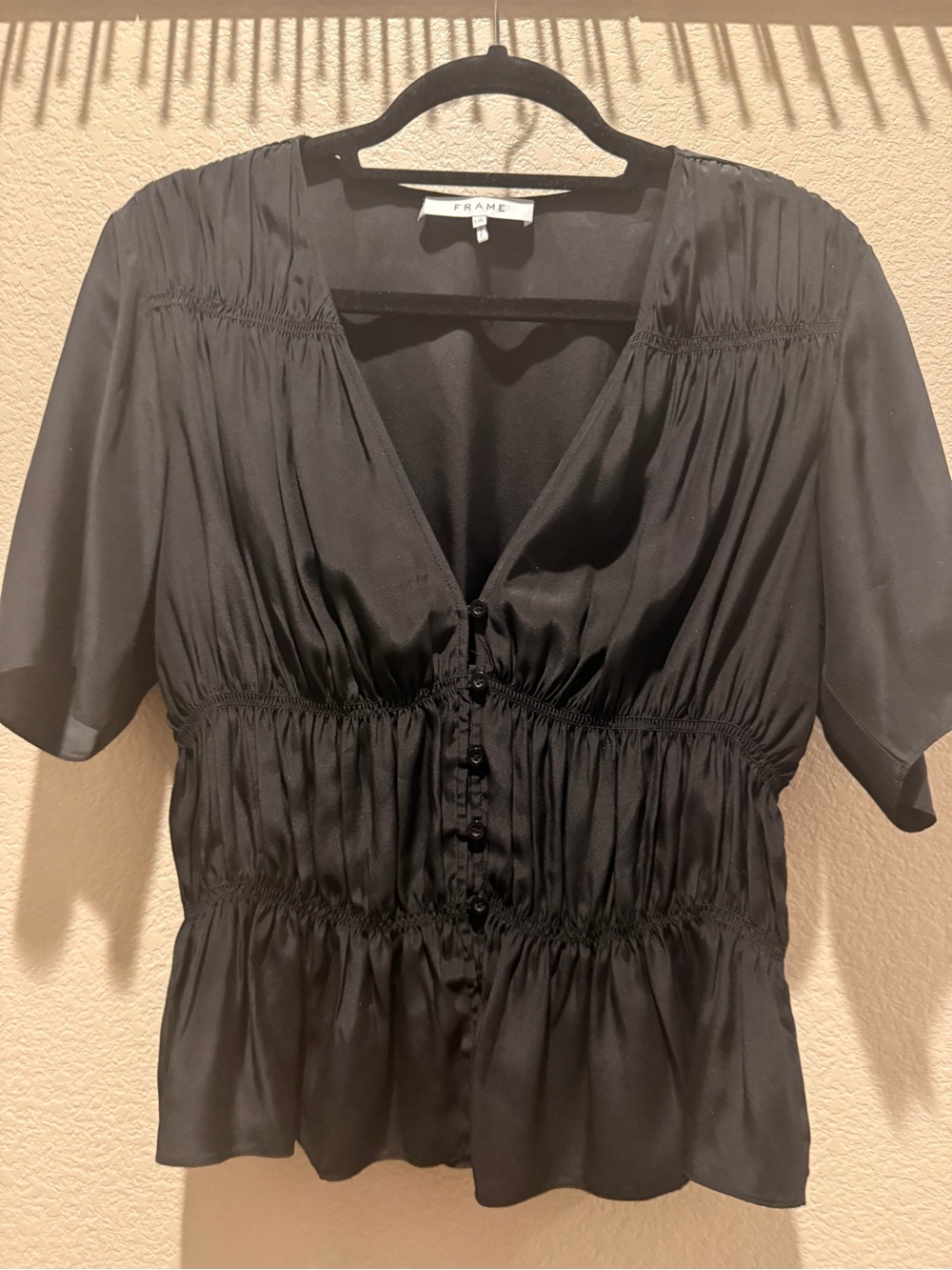 Frame Denim Black Ruched Button-Front Peplum Top